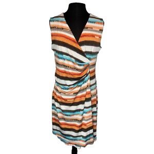 Colorful Horizontal Striped Wrap Dress Orange Blue Brown V Neck Size Large NWT